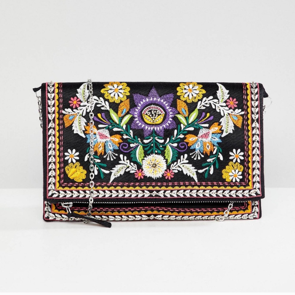 NEW LOOK Embroidered Silver Chain Strap Multi colored Clutch